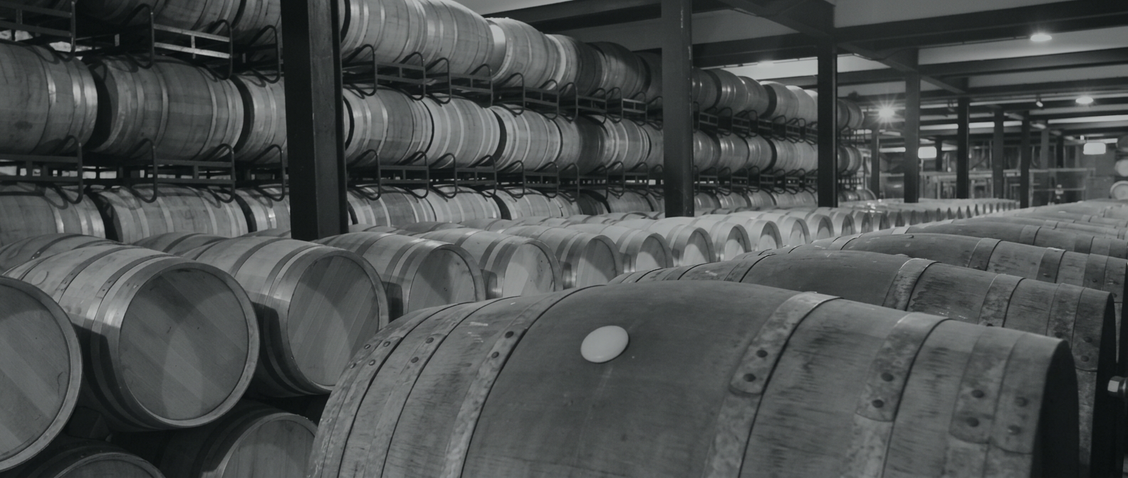 Barris de madeira em uma adega de envelhecimento de cachaça